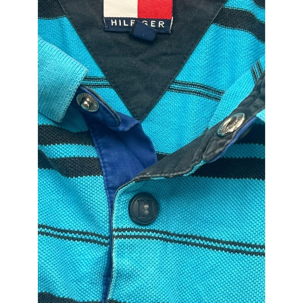 Tommy Hilfiger Blue Black Striped Short Sleeve Polo Shirt Men's Large‎